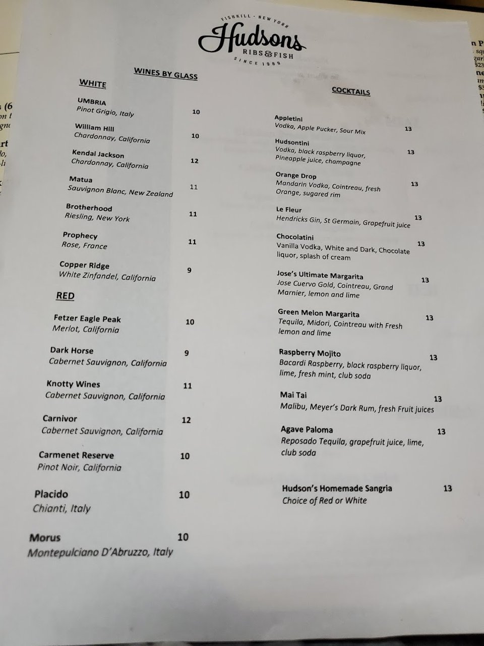 Printed menu with starters, soups, and salads.